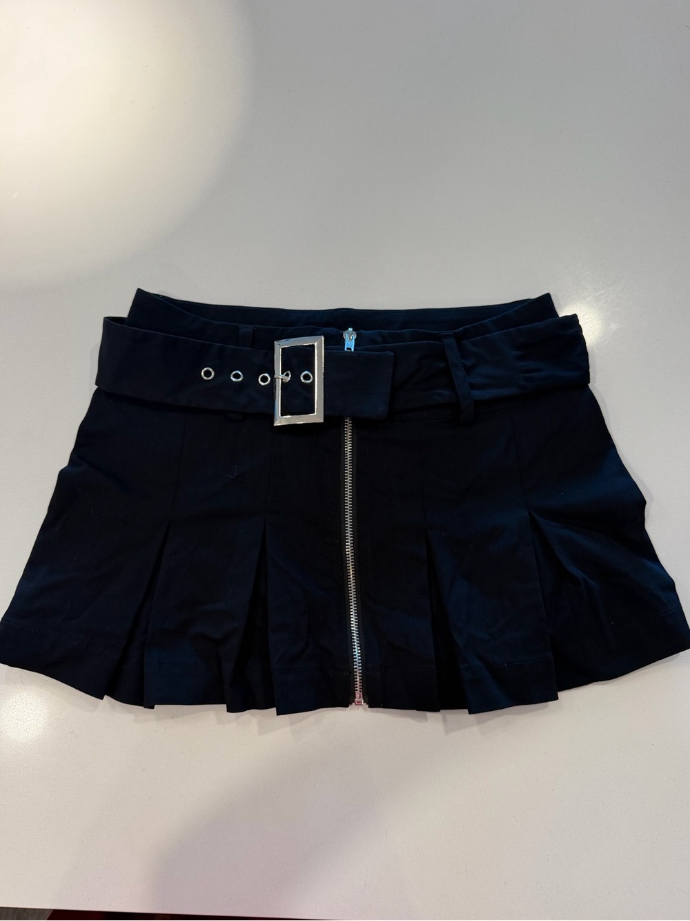 Fashion Nova Black Pleated Mini Skirt with Front Zip and Buckle Belt NWT